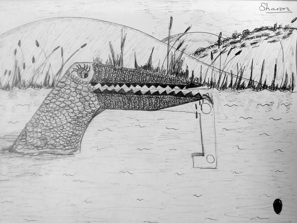 a drawing of a curtain hook turned into a crocodile.